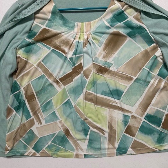 Alfred Dunner Mint Green Cardigan Attached Duet‎ Top Brown Geometric Print Sz XL - Picture 4 of 5